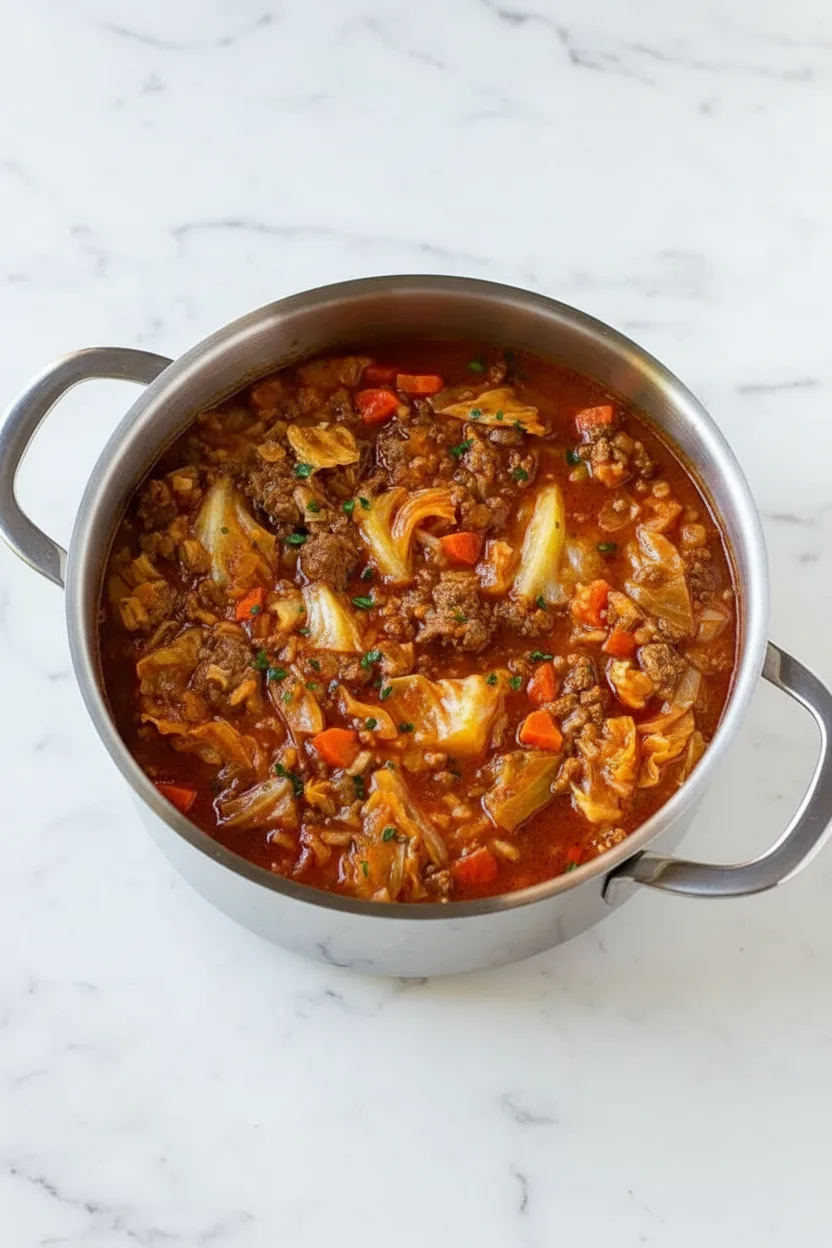 Cabbage Roll Soup recipe with beef and chopped veggies
