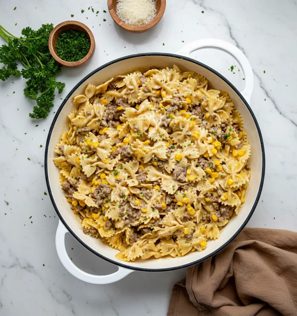 Cheddar Ranch Beef & Corn Pasta Bake