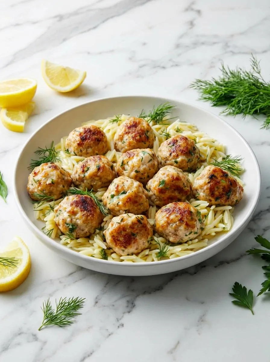 Greek Chicken Meatballs with Lemon Orzo
