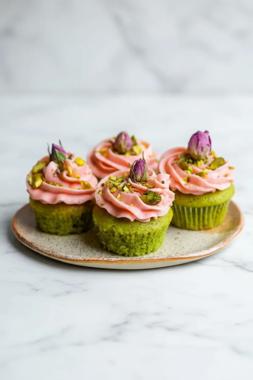 Vegan Mini Rose Pistachio Cupcakes