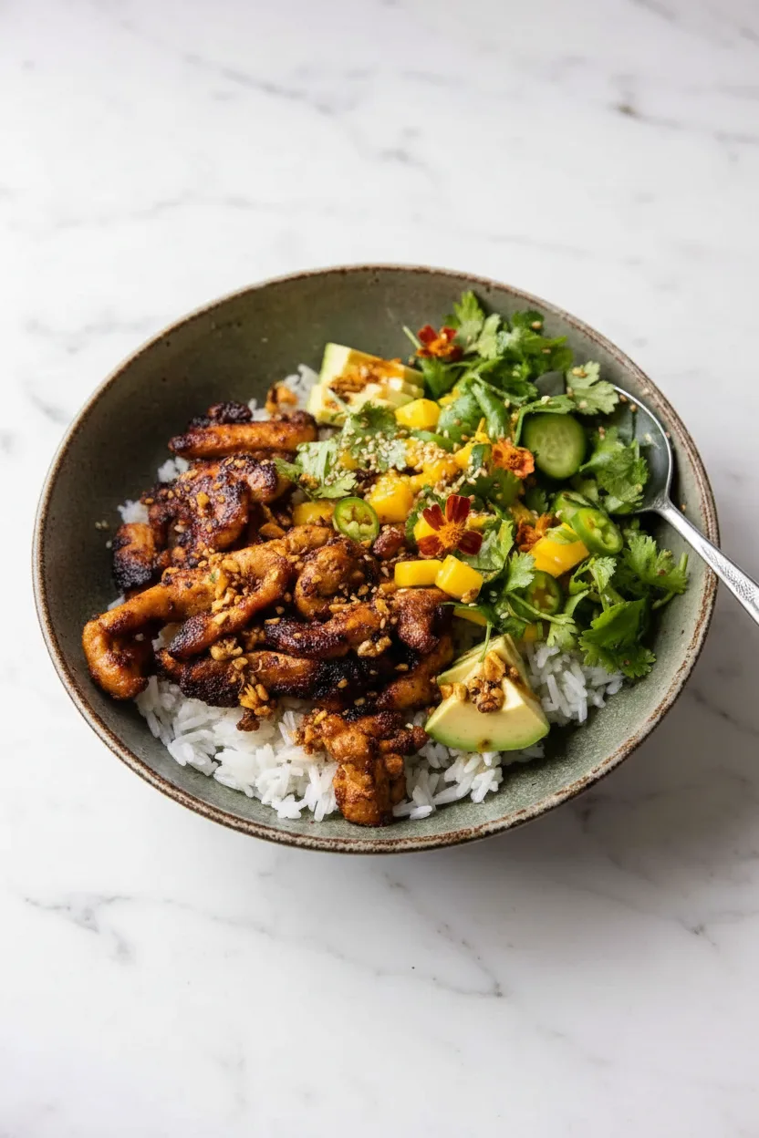 Chili Crisp Chicken Mango Rice Bowl