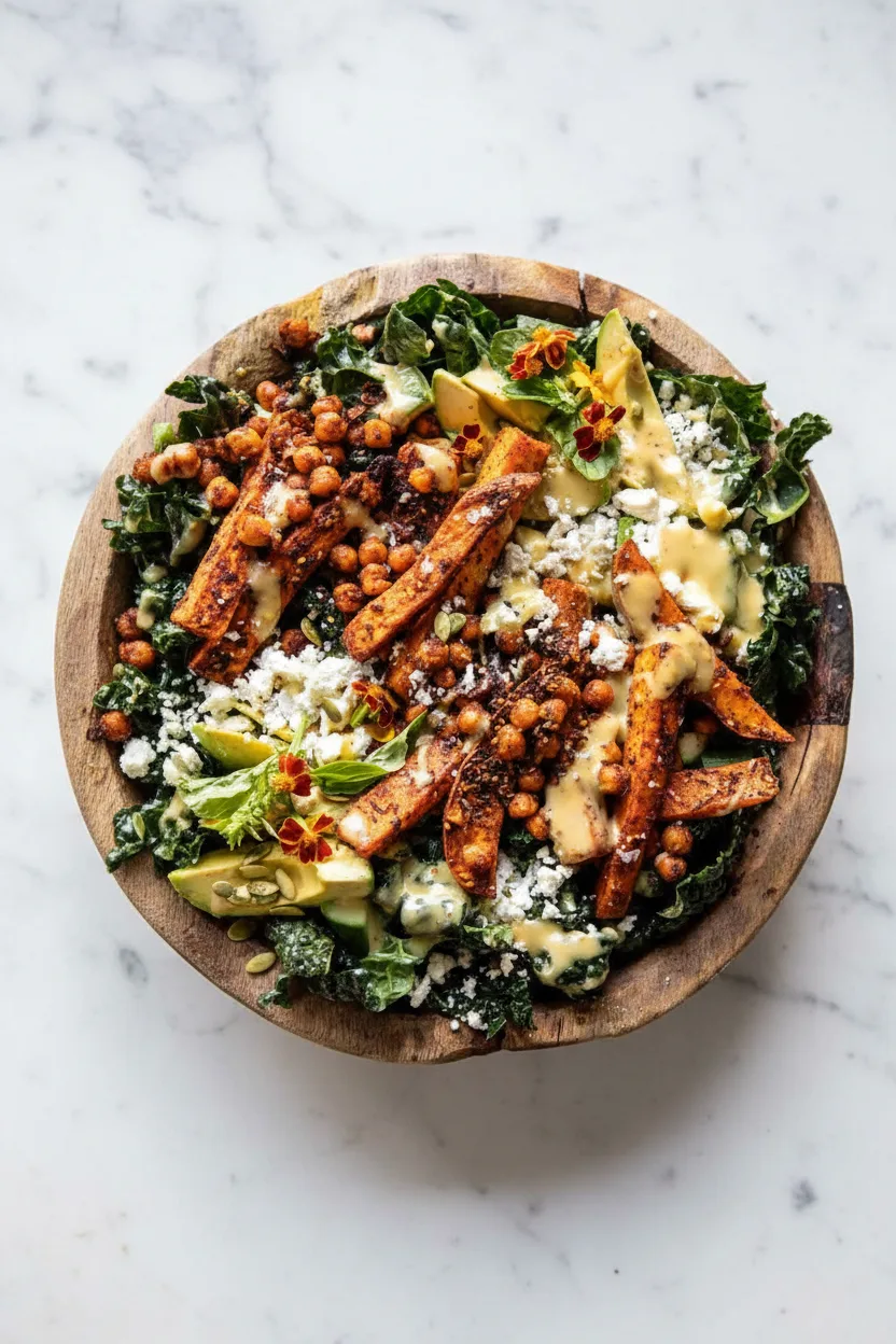 Roasted Sweet Potato Kale Salad with Honey Mustard