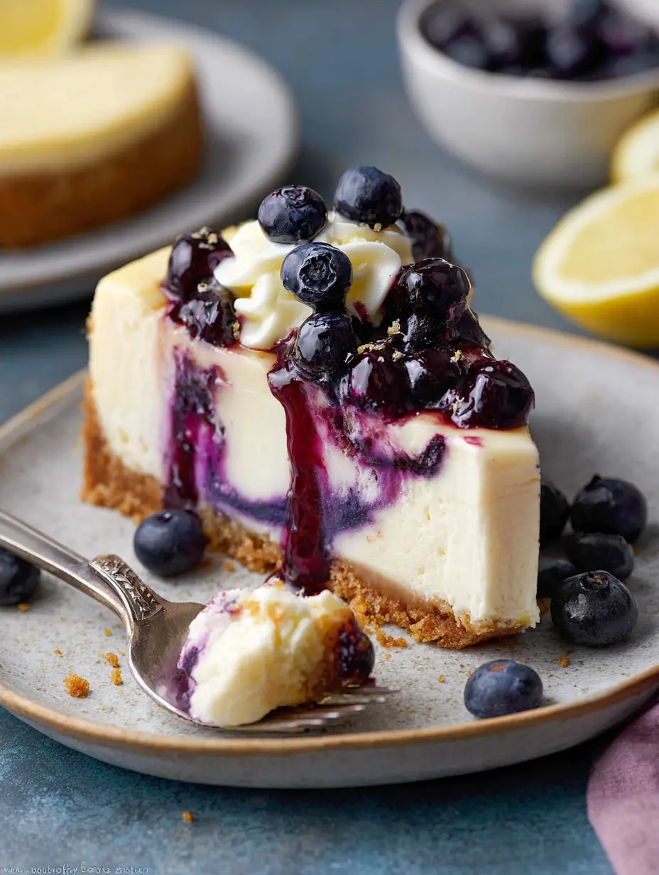 Lemon Blueberry Swirl Cheesecake with Biscuit Base